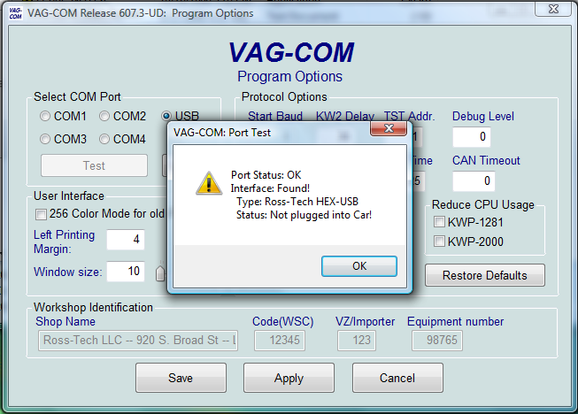 Vcds port status ok interface not found usb